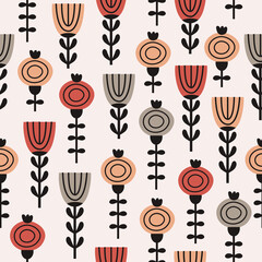 Fototapeta na wymiar Blooming summer meadow seamless pattern. Repeating pattern stylized floral elements, flowers, stems, meadow grasses on a light background. Rustic style. Hand drawn illustration in Scandinavian style