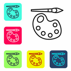 Black line Paint brush with palette icon isolated on white background. Set icons in color square buttons. Vector