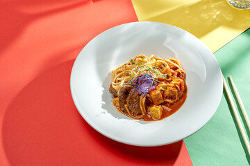 Asian noodles with teriyaki sauce, tofu and beef in a plate with bright backgrounds. Selective focus, hard light
