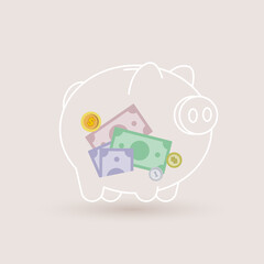 Glass piggy bank with paper money and coins inside, transparent banking service, financial industry, savings concept. Vector illustration in flat cartoon and style