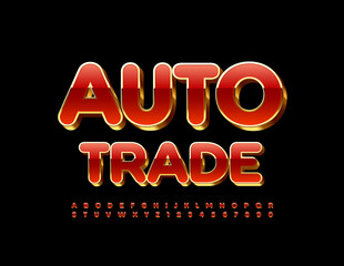 Vector bright Emblem Auto Trade. Red and Golden 3D Font. Modern Alphabet Letters and Numbers set
