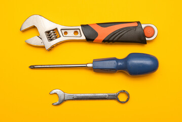 Set of three different used manual work tools used for fixing things at construction or carpentry