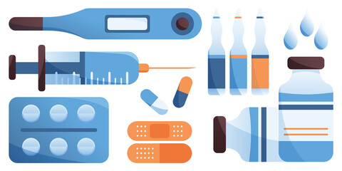 Set of medical equipment and pharmacy. First aid kit. 
