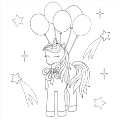 Cute coloring book with unicorn, balloons and stars. A horse with horn celebrates birthday. Black outline, sketch, doodle, vector illustration.