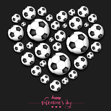 Happy Valentines Day. Heart made of soccer balls. Design pattern for greeting card, banner, poster, flyer, invitation party. Vector illustration on isolated background