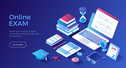 Online Exam Test Concept. Distant Education. Questionnaire form on the laptop screen and phone, books, notebooks, calendar, hourglass, diploma. Isometric landing page. Vector web banner.