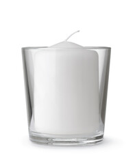 Front view of white wax candle in clear glass holder