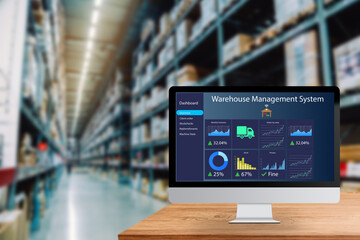 Smart warehouse management system concept.logistic software program display on computer