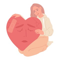 woman hugging a big red heart with care and love. A flat cartoon illustration isolated on a white background.