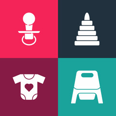 Set pop art Baby potty, clothes, Pyramid toy and dummy pacifier icon. Vector