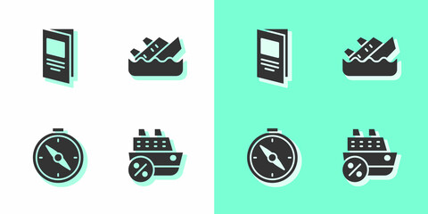 Set Cruise ship, Brochure, Compass and Sinking cruise icon. Vector