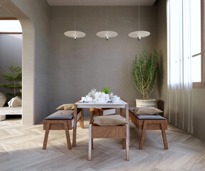 3d rendering,3d illustration, Interior Scene and  Mockup,Dining room dark wood table, dining chairs with drawers and gray cushions.