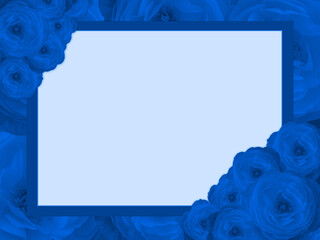 beautiful blue roses flower bouquet, top left and bottom right corners, blue frame on a white square background, banner, template, decor, name card, copy space