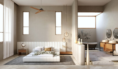 3d rendering,3d illustration, Interior Scene and  Mockup,Modern style bedroom, white leather upholstered bed, white leather backrest, wooden bedside tables with two headboard lighting. © anymay