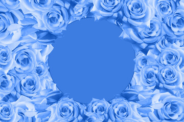 Obraz na płótnie Canvas blue circle on blue roses flower bouquet background, banner, template, name card, decor, copy space