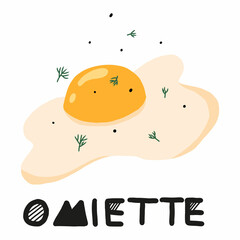  Vector illustration of fried egg with greens. Fried eggs in the air. Cute lettering omelet illustration.