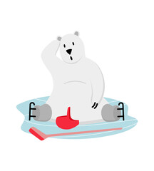 Polar bear ice hockey training. Funny cartoon winter sport mascot
