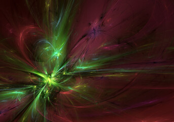 Abstract fractal art background in red and green, perhaps suggestive of an expressionist painting, or an aurora, gas, smoke, plasma or a nebula, or magic and fantasy.