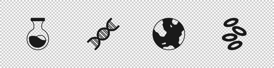 Set Test tube and flask, DNA symbol, Earth globe and Hemoglobin icon. Vector