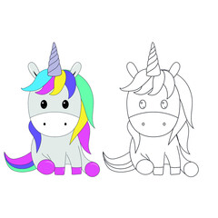 coloring book with unicorn. two unicorns are sitting. one unicorn in color and unicorn in outline. vector illustration, eps 10.