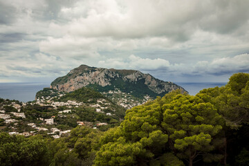 the hill overlooking the splendid town of Capri photographed from a panoramic terrace in the villa...
