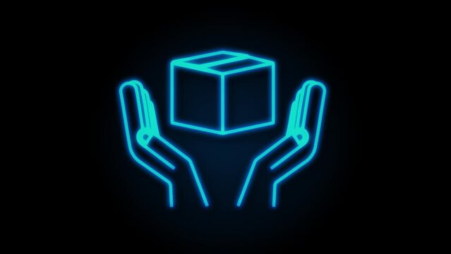 Neon Carton parcel box in hands. Shipping delivery symbol. Gift box icon. motion graphic