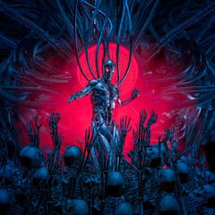 Cyborg raising the undead - 3D illustration of science fiction robotic artificial intelligence commanding horde of skeletons - 483330949