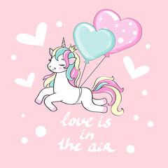 Beautiful unicorn flies in a heart-shaped balloon and lettering love is in the air. Valentine's day concept. Funny cartoon animals