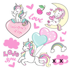 Collection of funny unicorns for Valentine's Day on a white background isolated. Vector illustration cute animals for children