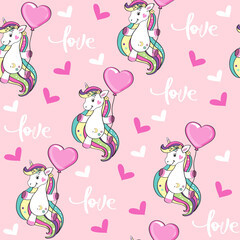 Beautiful unicorn flies in a heart-shaped balloon and lettering love seamless pattern. Valentine's day concept. Funny cartoon animals