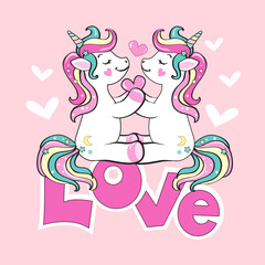 Two beautiful unicorns keep the heart and the inscription love. Valentine's day concept. Cute cartoon baby animals