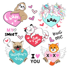Love animals for valentine's day. Unicorns, cat, sloth and pug. Vector cartoon illustration