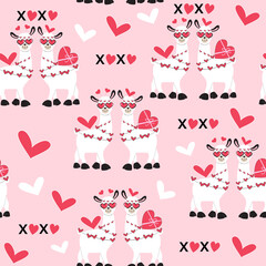 Valentine's day cute llamas and xoxo letters. Funny cartoon animals for kids seamless pattern on a pink background. Love couple © Lucky Project