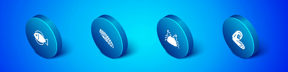 Set Isometric Fish, Crab, Mussel and steak icon. Vector
