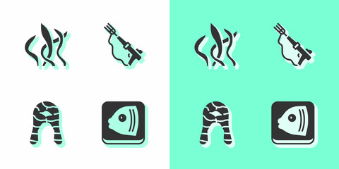 Set Fish head, Seaweed, steak and Fishing harpoon icon. Vector