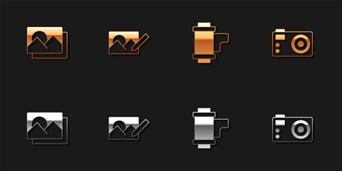 Set Photo frame, retouching, Camera roll cartridge and camera icon. Vector