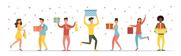 Discounts for Valentine's Day. People are shopping. Vector illustration.