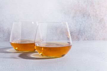 Brandy glasses. Strong spirits in glasses, drinks at the bar
