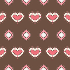 Pink White Heart and Diamond on Brown. Geometric ethnic oriental pattern traditional Design for background,carpet,wallpaper,clothing,wrapping,Batik,fabric, illustration embroidery style