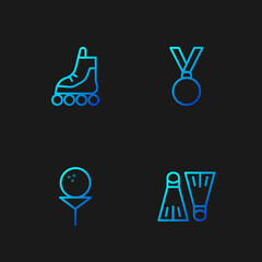 Set line Rubber flippers for swimming, Golf ball on tee, Roller skate and Medal. Gradient color icons. Vector