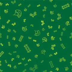 Set line Helmet, Longboard or skateboard and Mountain bike on seamless pattern. Vector