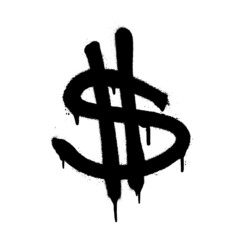 Currency icon of dollar. Black spray graffiti symbol of currency with smudges over white background. Vector illustration. - obrazy, fototapety, plakaty
