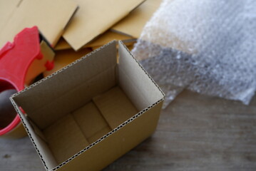 Brown adhesive tape and brown box and Air Bubble