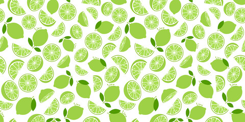 Lime with green leaves, slice citrus white background. Tropical fruits. Raw and vegetarian food. Seamless pattern. Vector illustration. 