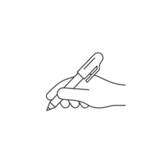 Hand hold pen outline icon. Hand writes symbol. Vector isolated line illustration