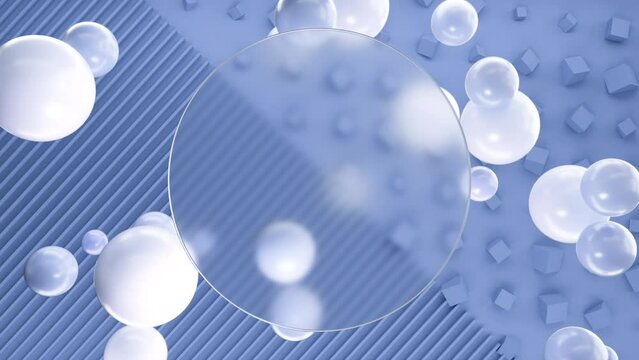 Frosted circle glass for inscriptions or logos with pastel blue round spheres on a background of blue 3D lines and cubes wall. Abstract rendering of intro video. Seamless looping animation.
