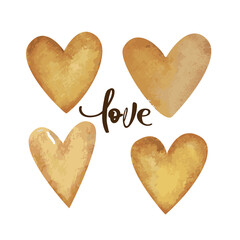 Beige watercolor hearts collection and inscription love for valentine's day. Vector illustration on a white background