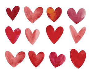 Set of watercolor hearts for valentine's day. Red and pink vector collection