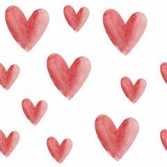 Watercolor red hearts seamless pattern on a white background. Vector. Valentine's Day