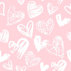 White hand drawn hearts for valentine's day seamless pattern on a pink background. Vector illustration isolated